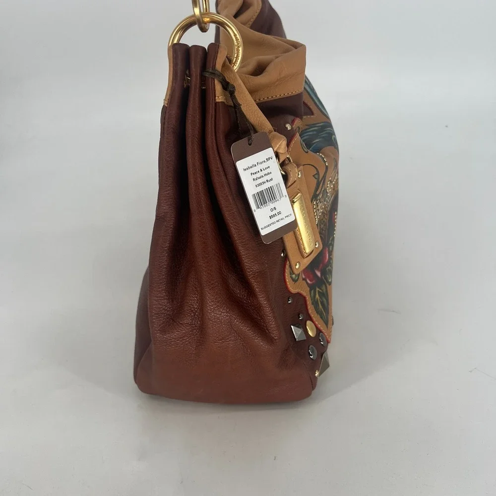 Vtg Isabella Fiore Peace & Love Rafaela Hobo Brown Handbag Leather Y2K Tattoo‎